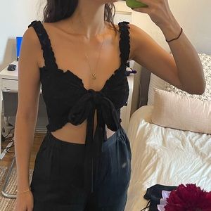 Olivaceous Black Tie Front Crop Top